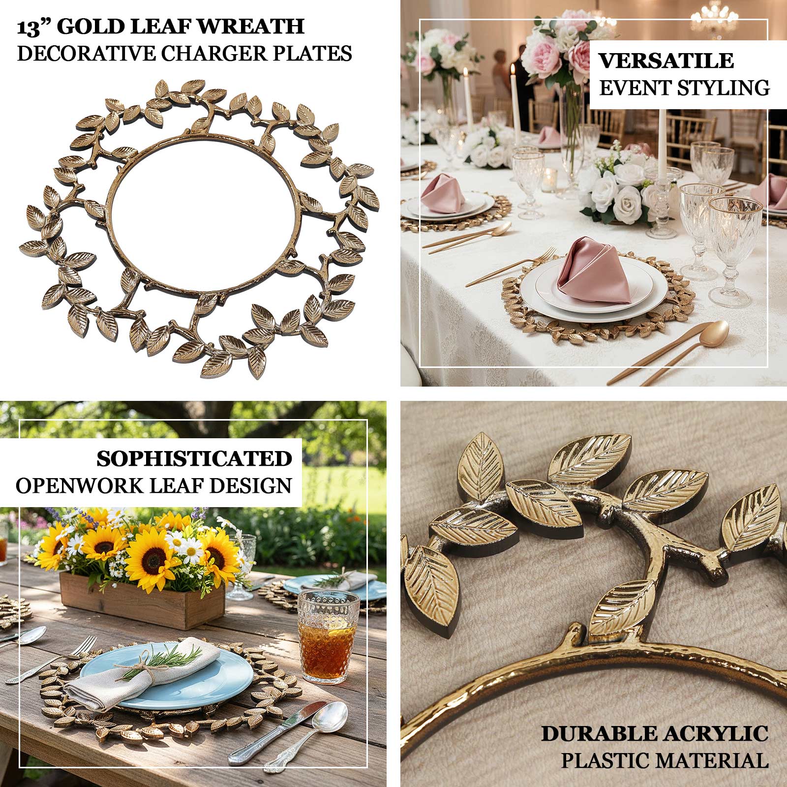 6 Pack Acrylic Plastic Charger Plates in Gold Leaf Wreath Design – 13" Round Decorative Dinner Table Plates - Image 4
