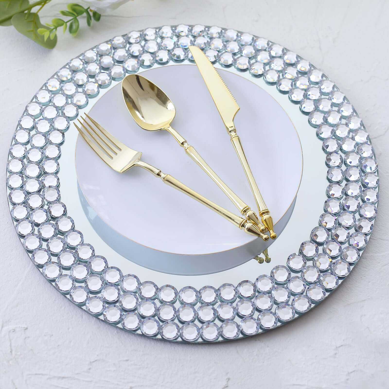 Alternative view of 2-Pack Mirror Glass Charger Plates 13", Round Silver Mirror Diamond Beaded Rim - Upscale Decorative Chargers