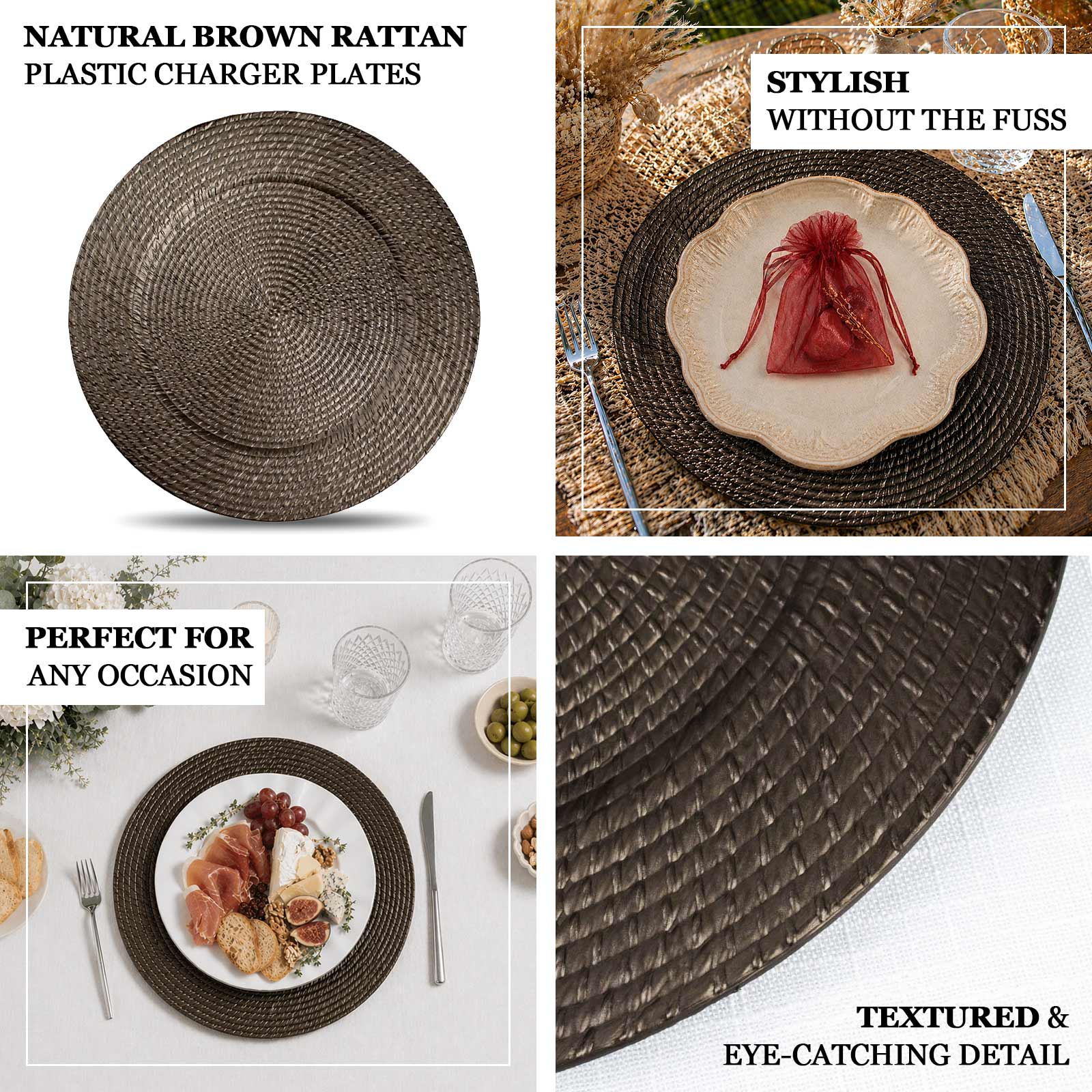 12-Pack Acrylic Charger Plates 13" Round Natural Brown with Rattan-Like Design - Farmhouse Disposable Plastic Charger Tableware - Image 4